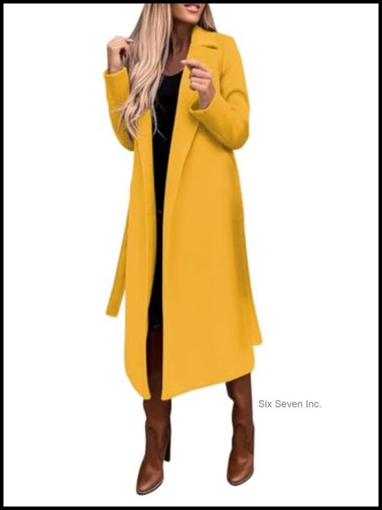 Jackets & Blazers - Womens Long Wool Pea Coat Belted Notched Collar Open Front Trench Coat